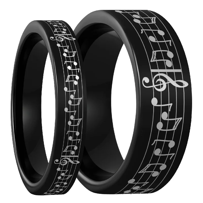 Women’s diamond cocktail rings-Custom Song Music Notes Black Tungsten Couple's Matching Ring Set