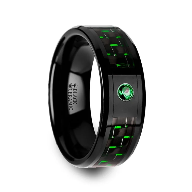 Women’s oval-shaped diamond rings-Black Ceramic Men's Wedding Band with Black & Green Carbon Fiber and Emerald