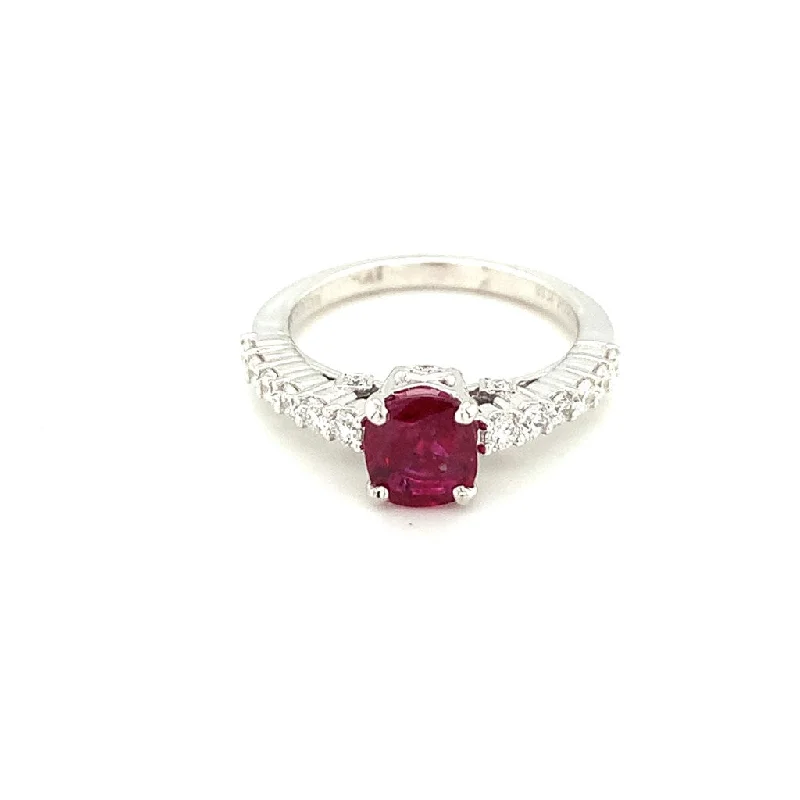 Women’s cushion and round-cut engagement rings-18K White Gold 1.22ct Cushion Ruby and Diamond Ring