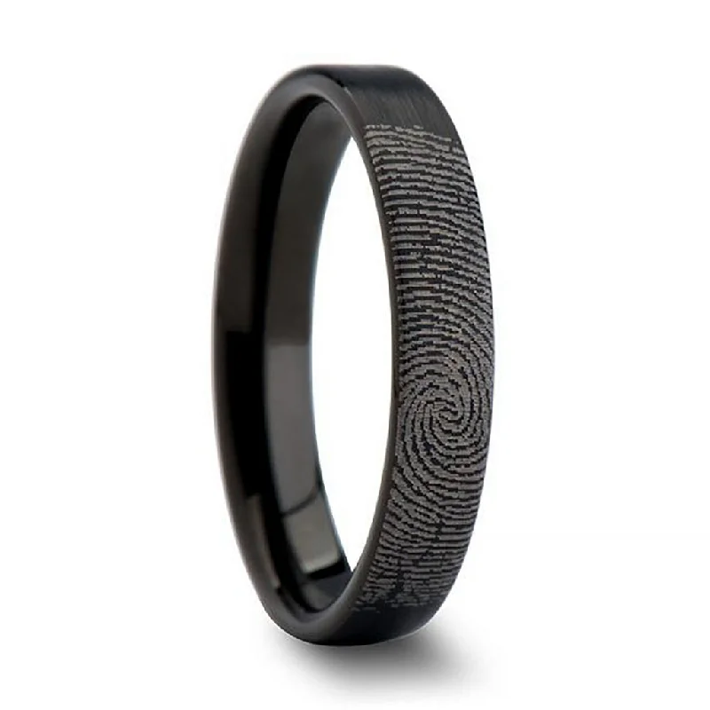 Women’s cocktail rings-Custom Fingerprint Engraved Brushed Black Tungsten Women's Ring