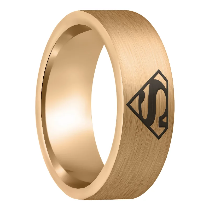 Unique wedding rings for women-Superman Brushed Rose Gold Tungsten Men's Wedding Band