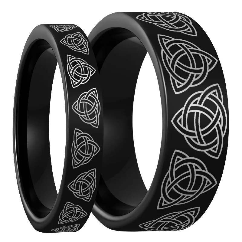 Women’s personalized name rings-Celtic Trinity Knot Black Tungsten Couple's Matching Wedding Band Set