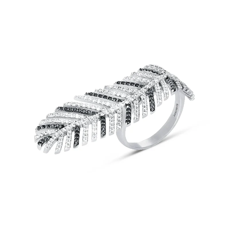 Women’s round-cut engagement rings-White and Black Diamond Feather Statement Ring