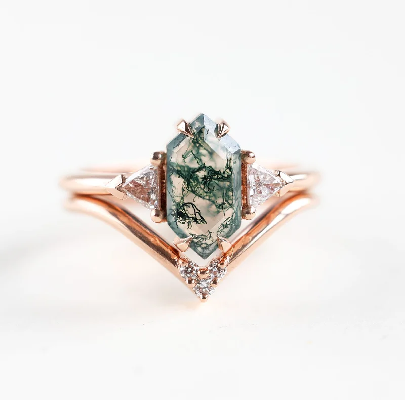 Women’s contemporary engagement rings-Hexagon moss agate ring set with diamonds