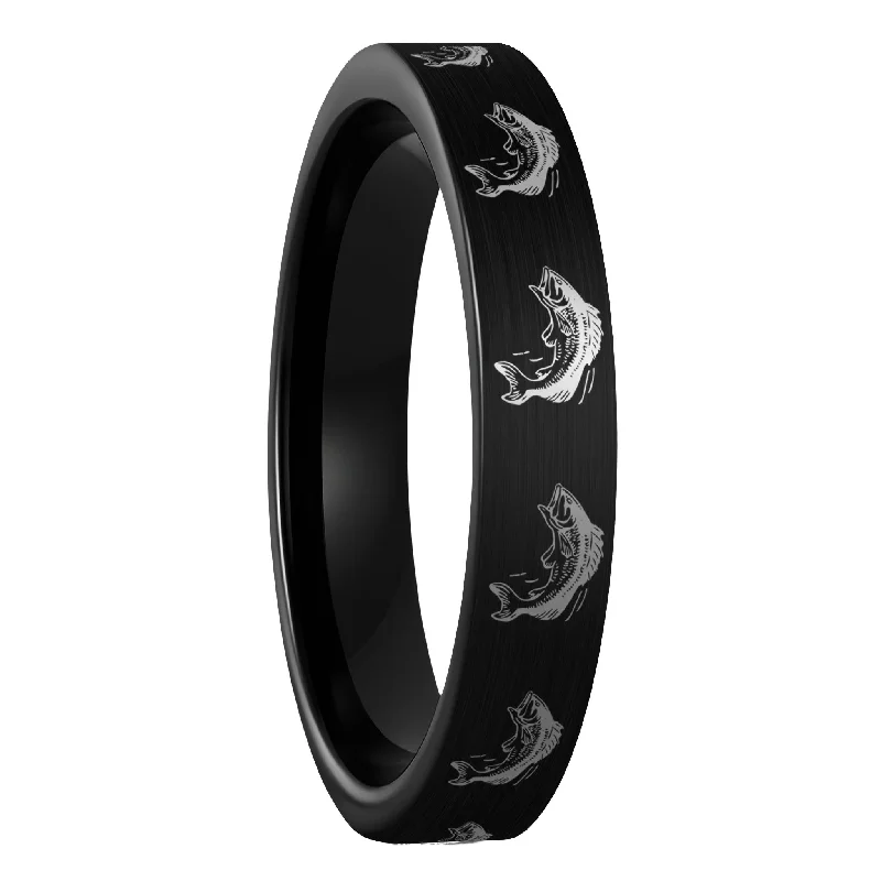 Unique wedding rings for women-Bass Fish Brushed Black Tungsten Women's Wedding Band