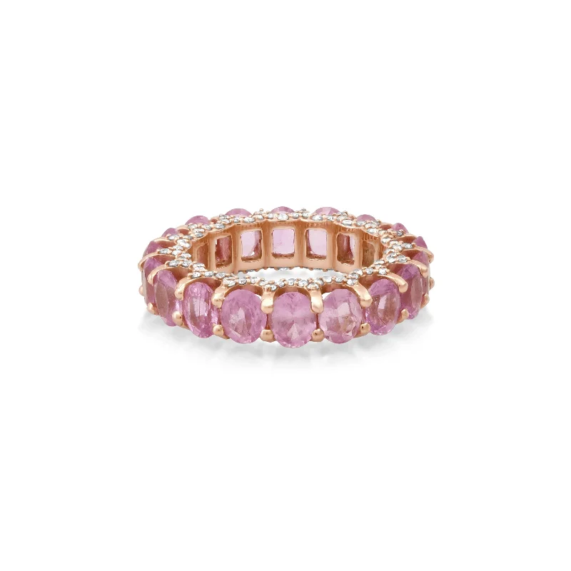 Women’s minimalist engagement rings-14K or 18K Gold Oval Pink Sapphire and Pave Diamond Eternity Band