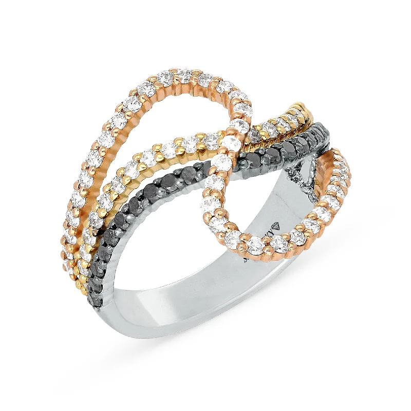 Women’s nature-inspired engagement rings-White and Black Diamond Crossover Ring in Tri Color Gold