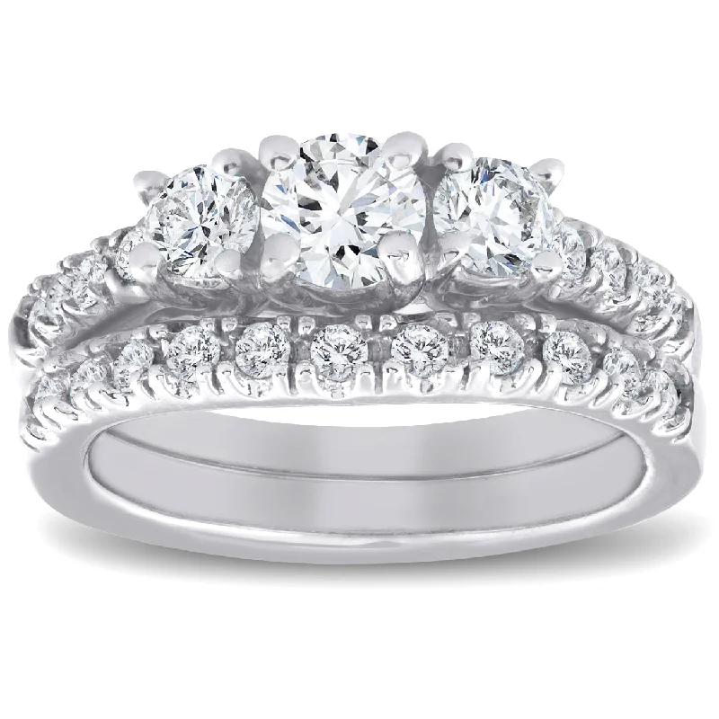 Women’s classic engagement rings-1 1/2 ct 3-Stone Diamond Engagement Ring Matching Wedding Band Set White Gold