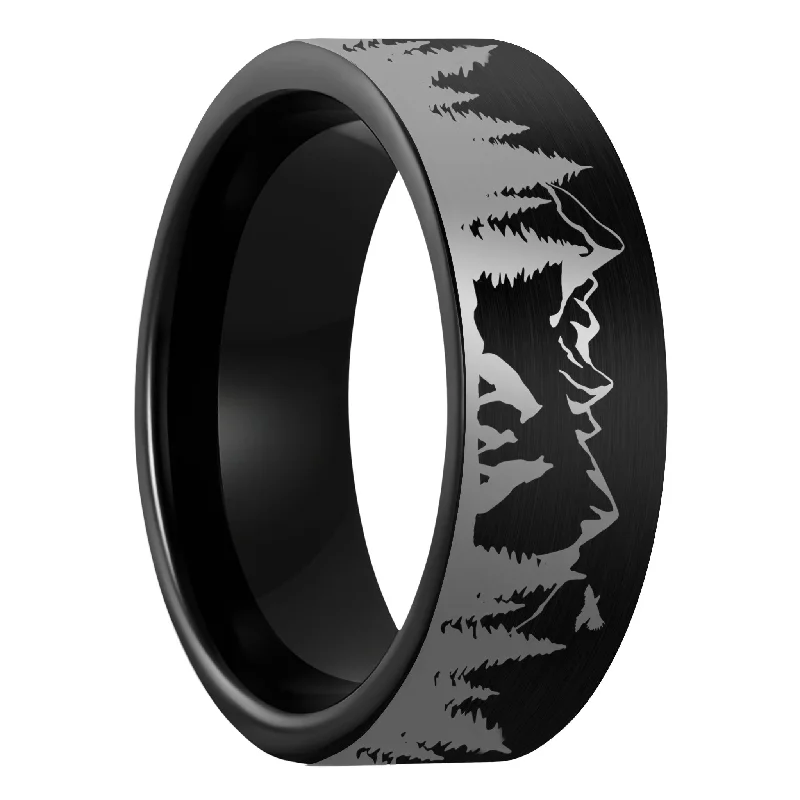 Women’s wedding ring sets-Wolf Landscape Scene Brushed Black Tungsten Men's Wedding Band