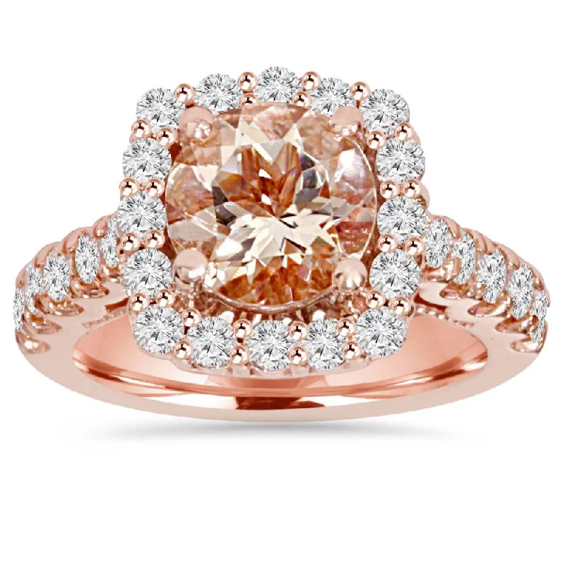 Women’s modern diamond engagement rings-2 1/2CT Morganite & Diamond Cushion Halo Engagement Ring 14K Rose Gold