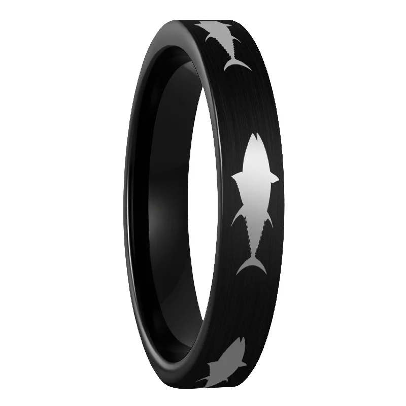 Unique women’s wedding rings-Yellowfin Tuna Fish Brushed Black Tungsten Women's Wedding Band