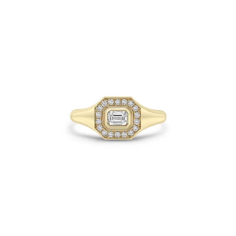 Women’s luxury engagement rings-14k Emerald Cut Diamond Halo Signet Ring