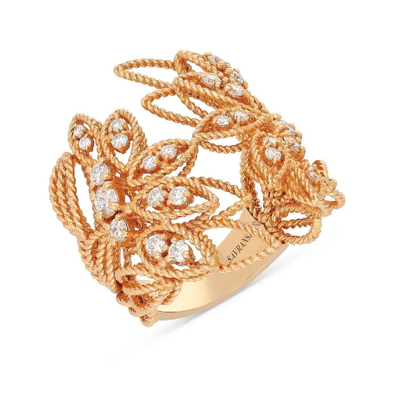 Women’s stackable engagement rings-Leafy Rose Gold Diamond Open Rose Gold Ring