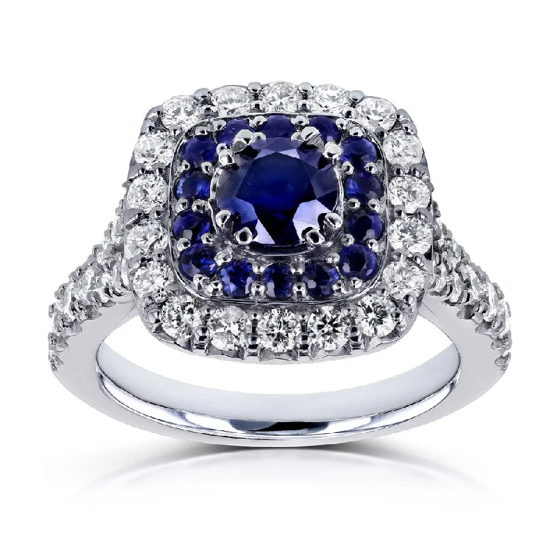 Women’s intricate engagement rings-Annello by Kobelli 14k White Gold 1 7/8 CTW Double Cushion Halo Semi-split Shank Blue Sapphire and White Diamond Engagement Ring