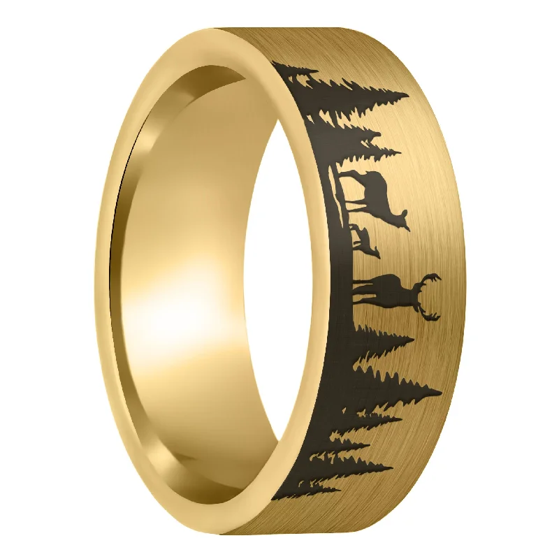 Women’s rings with sapphire stones-Deer Landscape Scene Brushed Gold Tungsten Men's Wedding Band