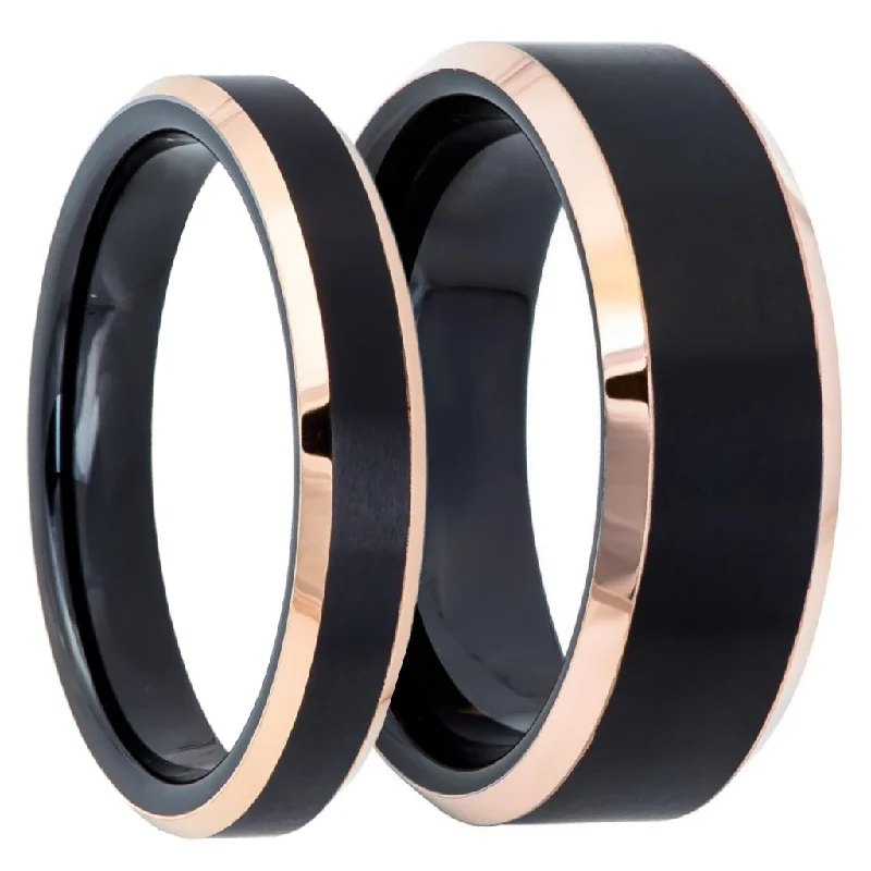 Women’s wedding rings with pearls-Brushed Black Tungsten Couple's Matching Wedding Band Set with Rose Gold Edges