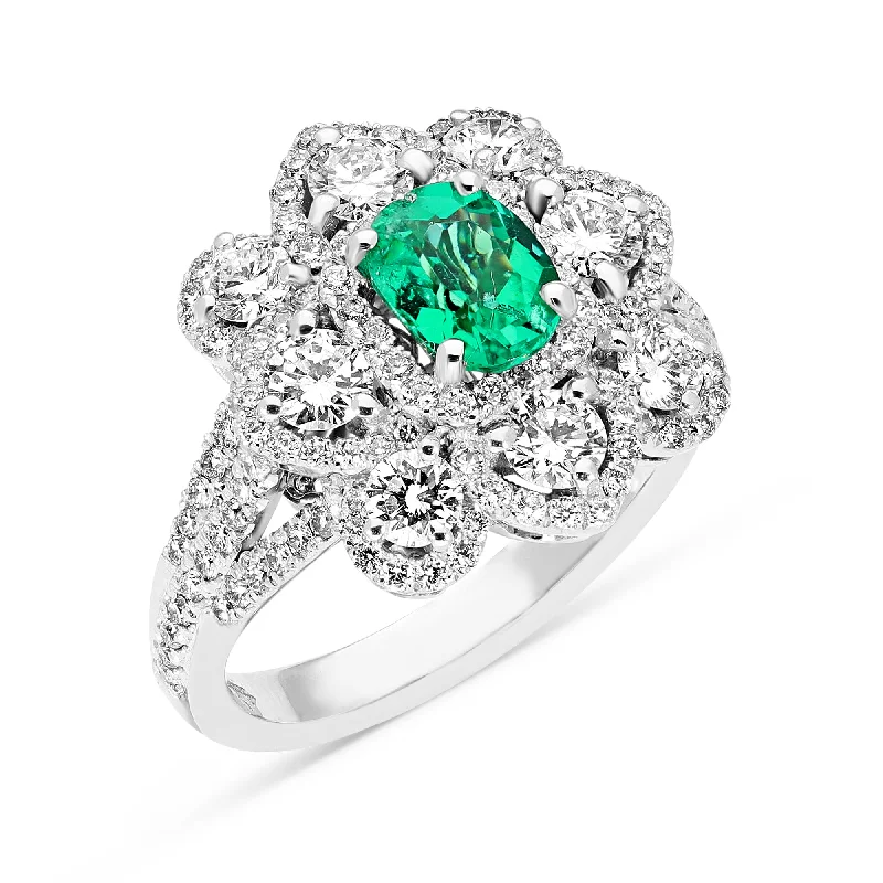 Women’s halo diamond engagement rings-Oval Cut Green Emerald Birthstone Ring Featuring a Diamond Pave Flower Setting