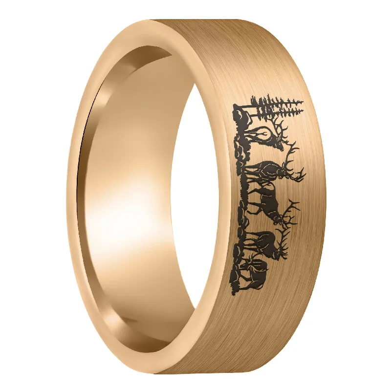 Women’s engraved wedding rings-Bull Elk Brushed Rose Gold Tungsten Men's Wedding Band