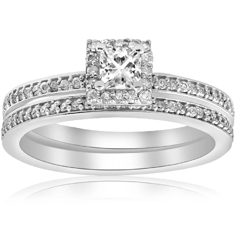 Women’s custom-designed engagement rings-5/8Ct Princess Cut Diamond Engagement Matching Wedding Halo Ring Set White Gold