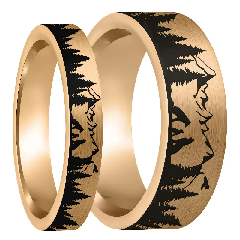 Women’s stacking rings-Wolf Landscape Scene Brushed Rose Gold Tungsten Couple's Matching Wedding Band Set