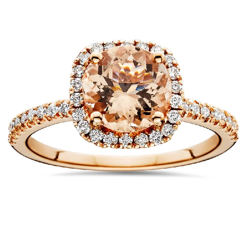 Women’s contemporary diamond engagement rings-1 1/4 CT Morganite & Diamond Cushion Halo Engagement Ring 14K Rose Gold