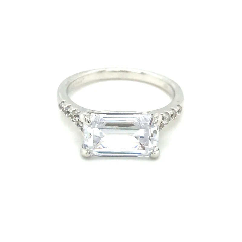 Women’s white gold engagement rings-Simulated Diamond Ring with Emerald Cut Stone