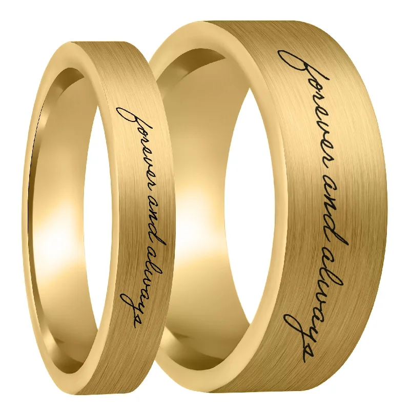 Women’s trendy stackable rings-Custom Handwriting Brushed Gold Tungsten Couple's Matching Ring Set