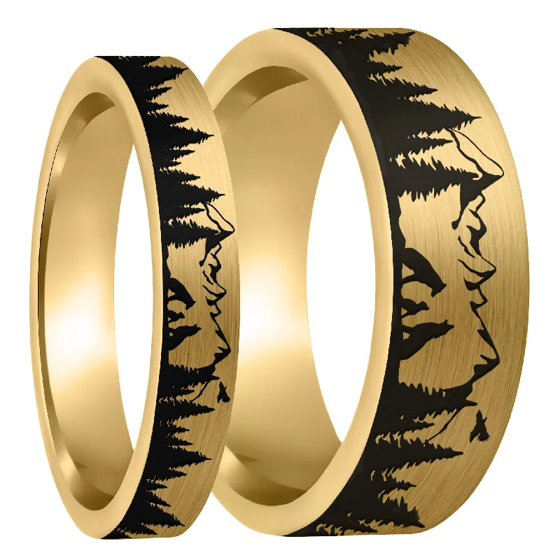 Trendy rings for women-Wolf Landscape Scene Brushed Gold Tungsten Couple's Matching Wedding Band Set