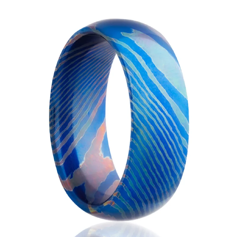 Classic women’s rings-Blue Domed Mokume Gane Style Titanium Men's Wedding Band