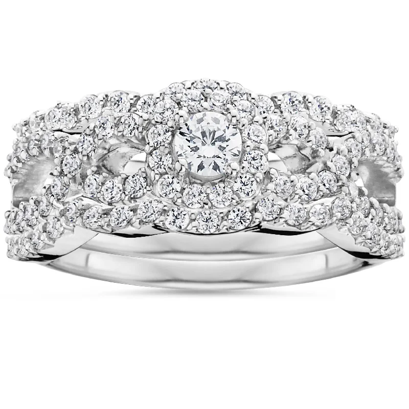 Women’s art deco-inspired engagement rings-1 1/10Ct Diamond Engagement Bridal Wedding Ring Set 10K White Gold