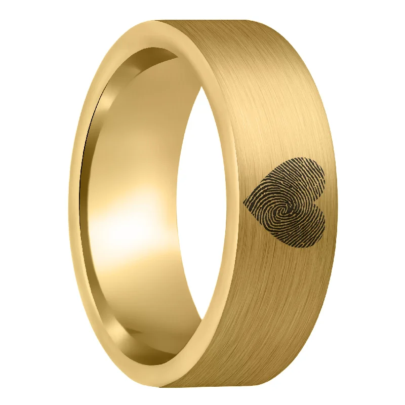 Women’s rings with gold plating-Custom Heart Fingerprint Brushed Gold Tungsten Men's Ring