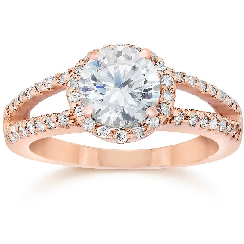 Women’s vintage gold engagement rings-2.00CT Split Shank Diamond Halo Engagement Ring 14K Rose Gold