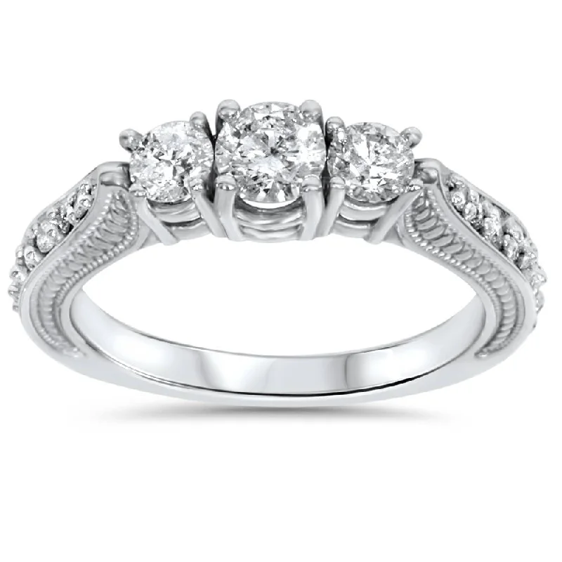 Women’s white gold engagement rings-1ct 3 Stone Vintage Diamond Engagement Ring 14K White Gold