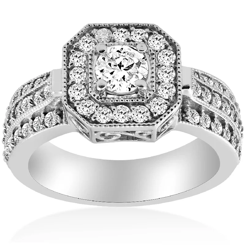 Women’s contemporary engagement rings-1ct Vintage Diamond Engagement Ring 14K White Gold Halo Round Cut