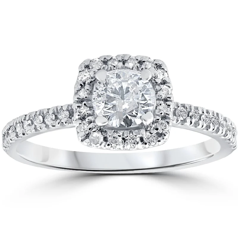 Women’s engraved engagement rings-3/4ct Cushion Halo Diamond Engagement Ring 14K White Gold