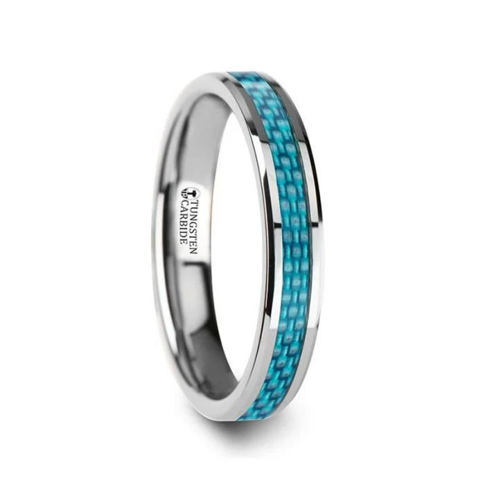 Women’s rings with diamonds-Tungsten Women's Wedding Band with Blue Carbon Fiber Inlay