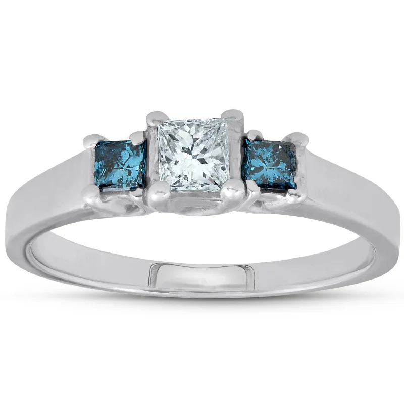 Women’s platinum diamond engagement rings-1/2ct Princess Cut Treated Blue & White Diamond 3-Stone Engagement Ring 14K Gold