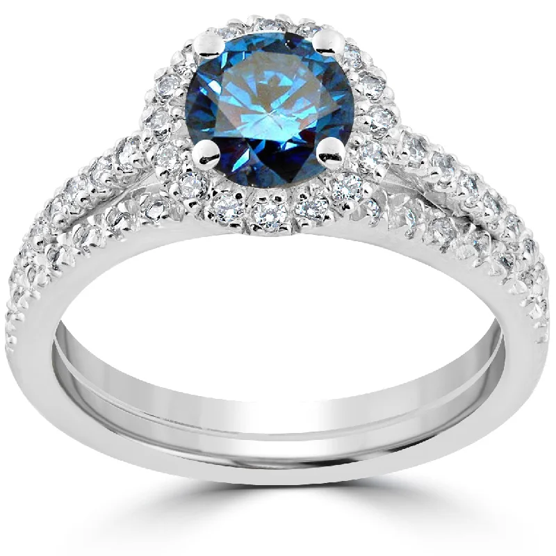 Women’s white gold solitaire engagement rings-1 1/2 ct Blue Diamond Halo Engagement Wedding Ring Set 14k White Gold