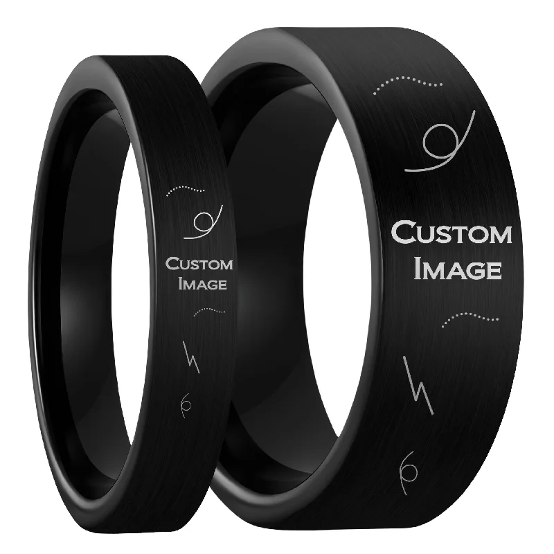 Women’s pearl rings-Custom Image Engraved Brushed Black Tungsten Couple's Matching Ring Set