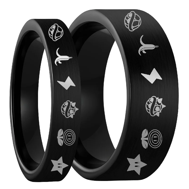 Elegant rings for women-Mario Kart Items Brushed Black Tungsten Couple's Matching Wedding Band Set