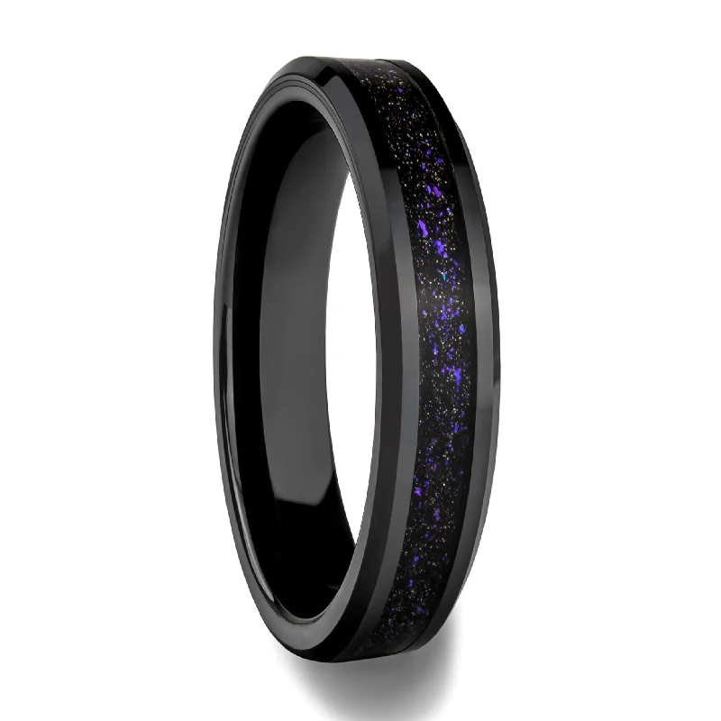 Women’s diamond accent rings-Black Ceramic Women's Wedding Band with Purple Galaxy Goldstone Inlay