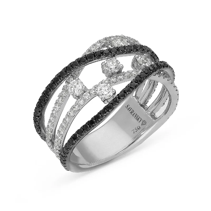 Women’s alternative engagement rings-Multi Layer White and Black Diamond Ring