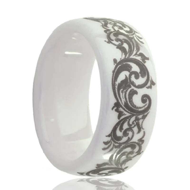 Trendy rings for women-Swirl Pattern Domed White Ceramic Men's Wedding Band