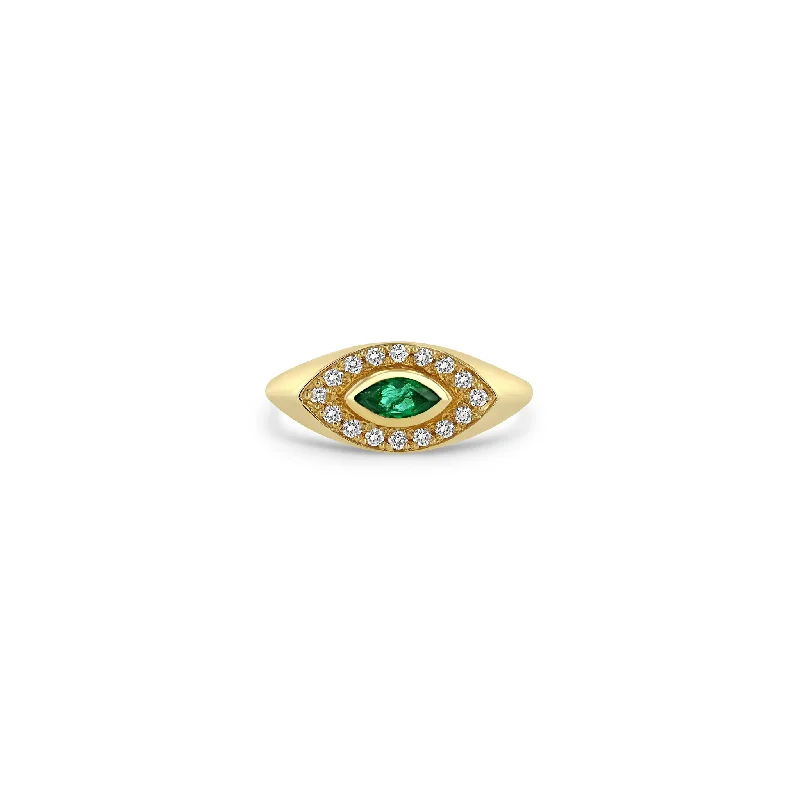 Women’s colorful gemstone engagement rings-14k Marquise Emerald & Diamond Halo Signet Ring