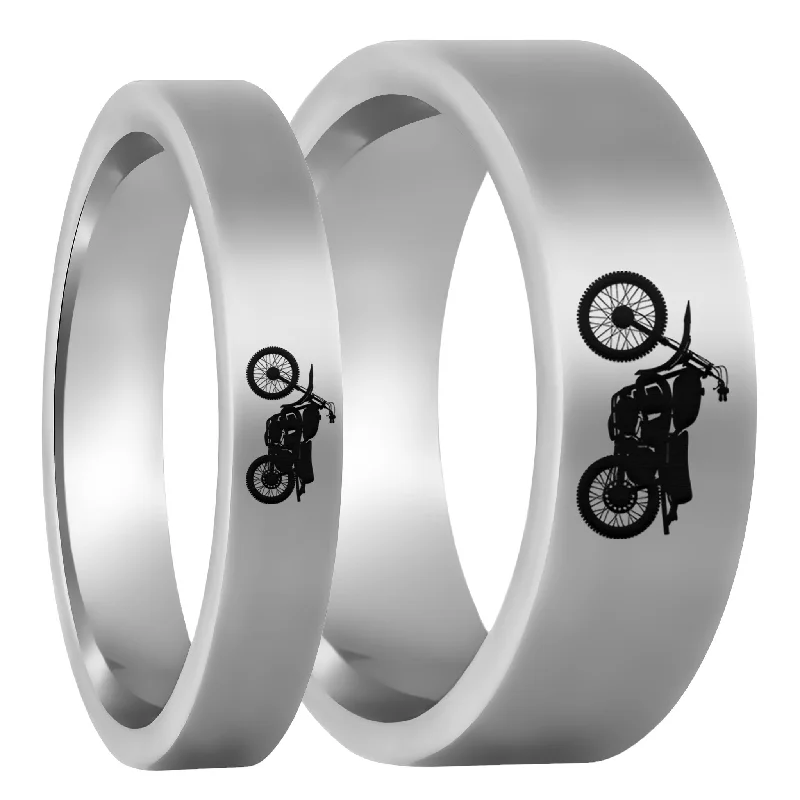 Unique wedding rings for women-Dirt Bike Tungsten Couple's Matching Wedding Band Set