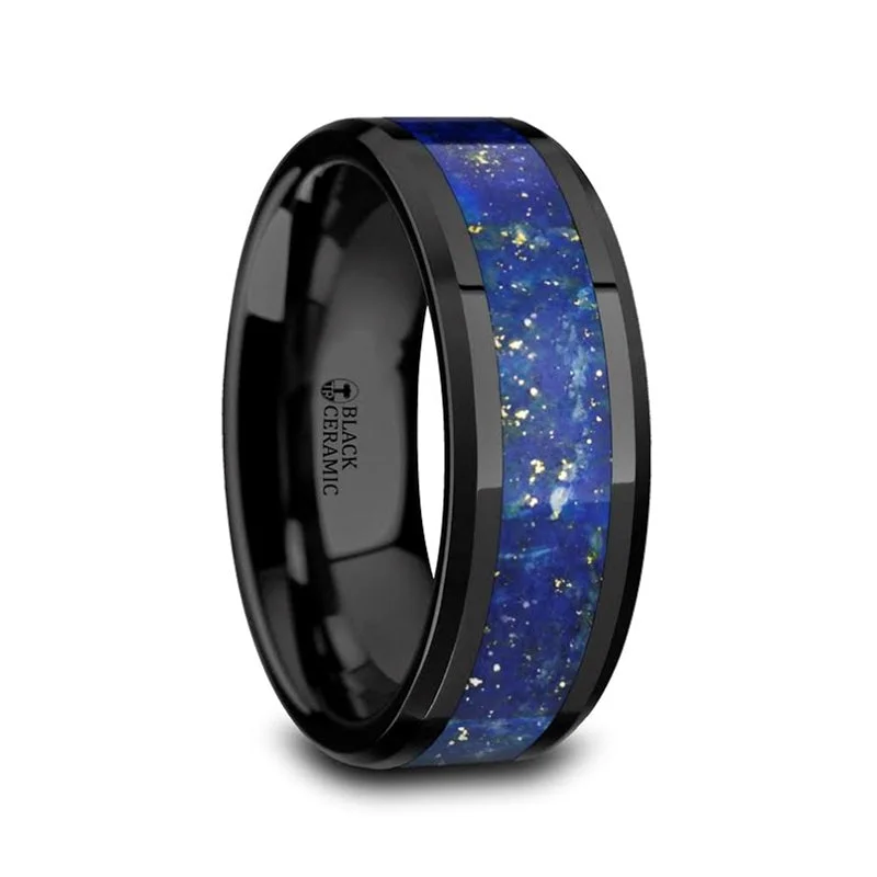 Luxury rings for women-Black Ceramic Men's Wedding Band with Blue Lapis Lazuli Inlay