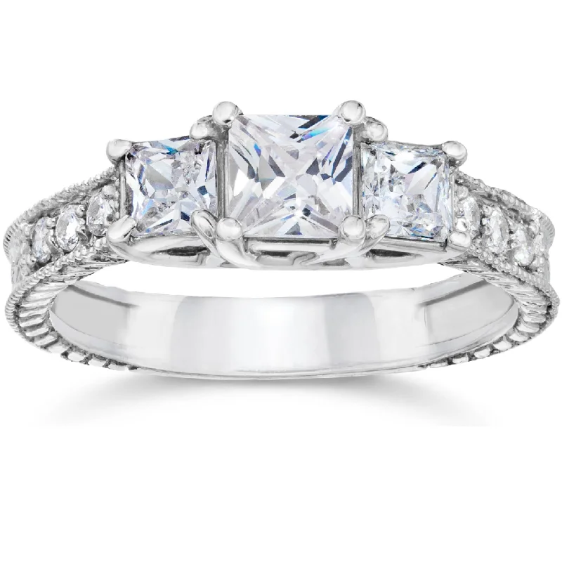 Women’s white gold engagement rings-1 1/2ct Vintage Three Stone Princess Cut Diamond Engagement Ring 14K White Gold