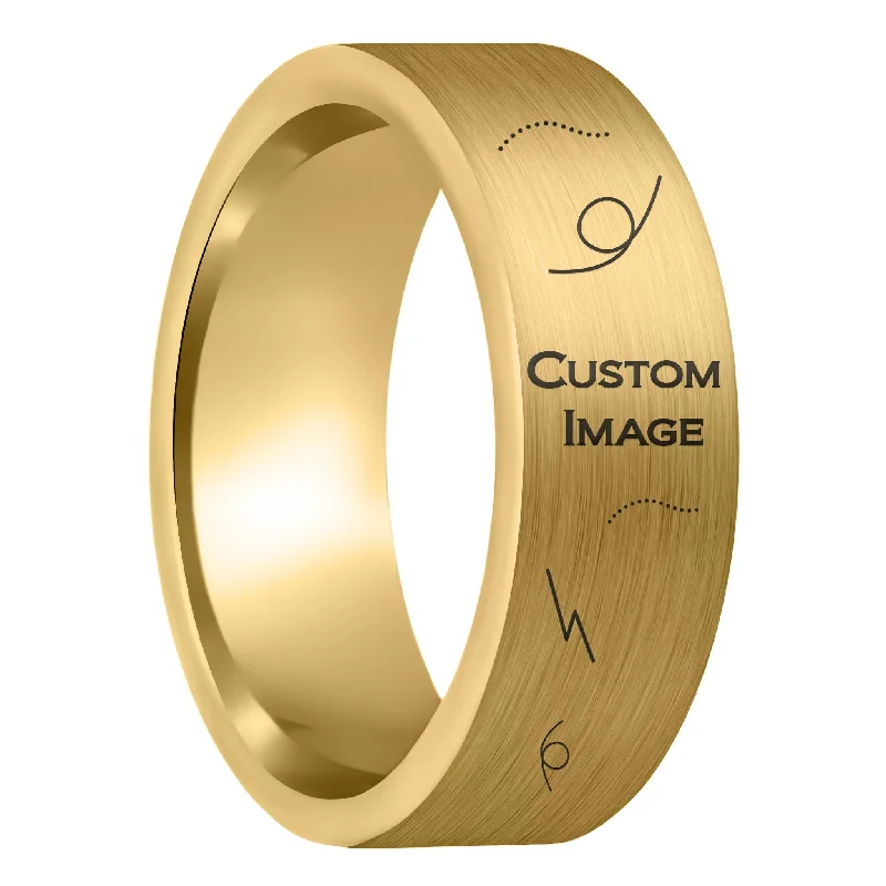 Women’s minimalist rings-Custom Image Engraved Brushed Gold Tungsten Men's Ring