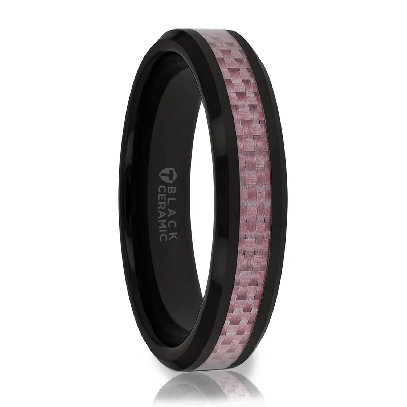 Women’s diamond accent rings-Black Ceramic Wedding Band with Pink Carbon Fiber Inlay