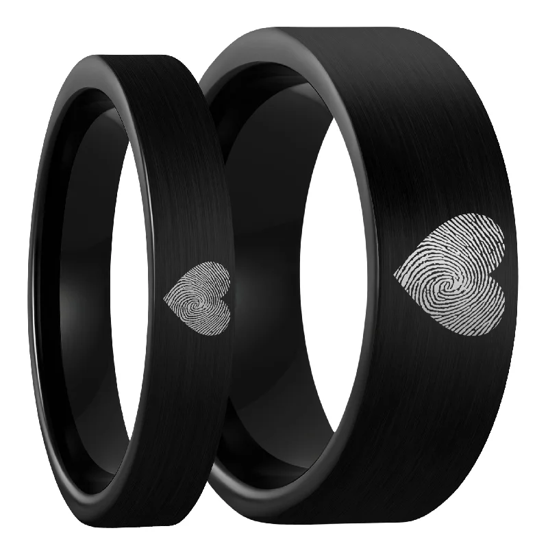 Women’s diamond band rings-Custom Heart Fingerprint Brushed Black Tungsten Couple's Matching Ring Set